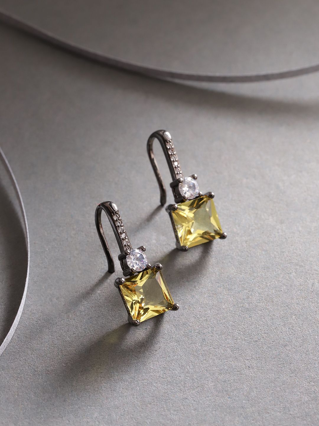 Jewels Galaxy Yellow & Gunmetal-Toned Silver Plated Stone Studded Square Drop Earrings Price in India