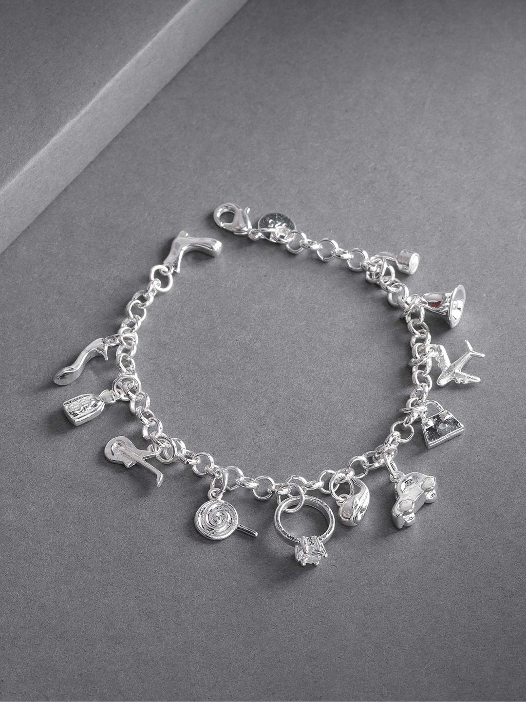 Jewels Galaxy Silver-Plated Stone Studded Charm Bracelet Price in India