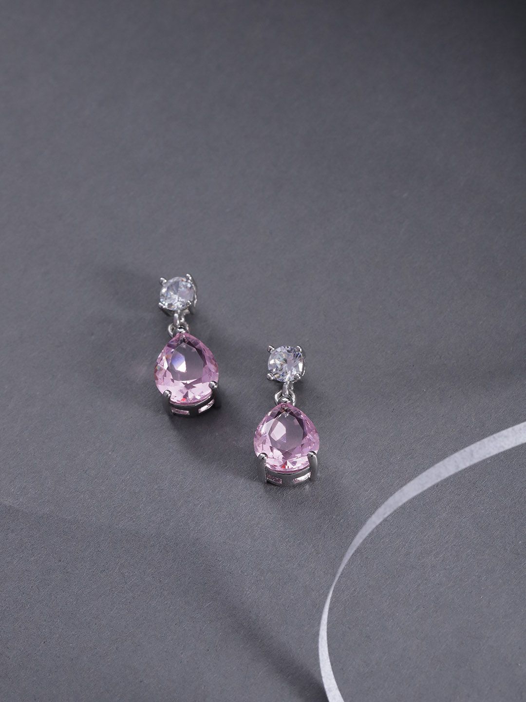 Jewels Galaxy Pink Silver-Plated Stone Studded Teardrop Shaped Drop Earrings Price in India