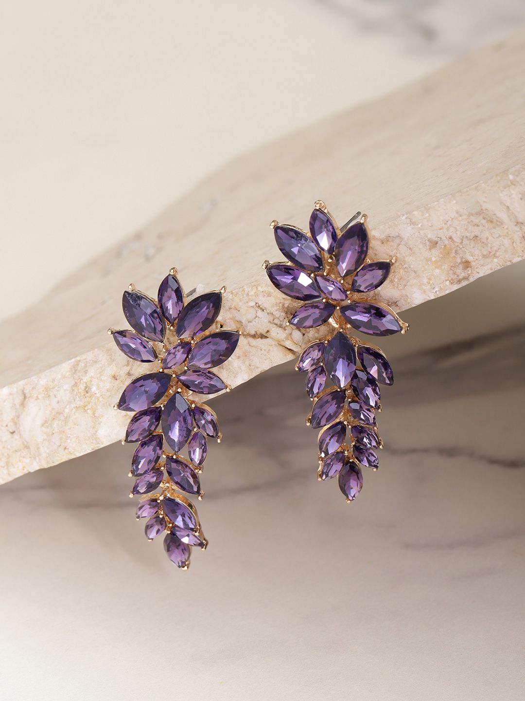 YouBella Purple Gold-Plated Stone-Studded Floral Drop Earrings Price in India