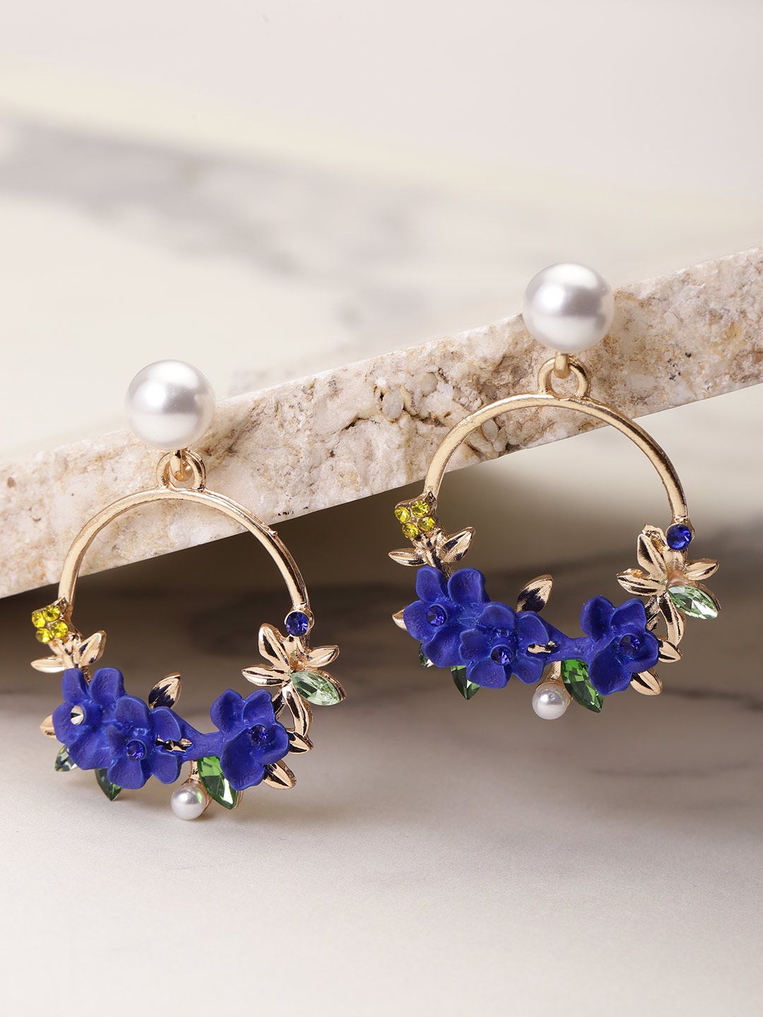 YouBella Blue Gold-Plated Stone-Studded & Beaded Circular Drop Earrings Price in India