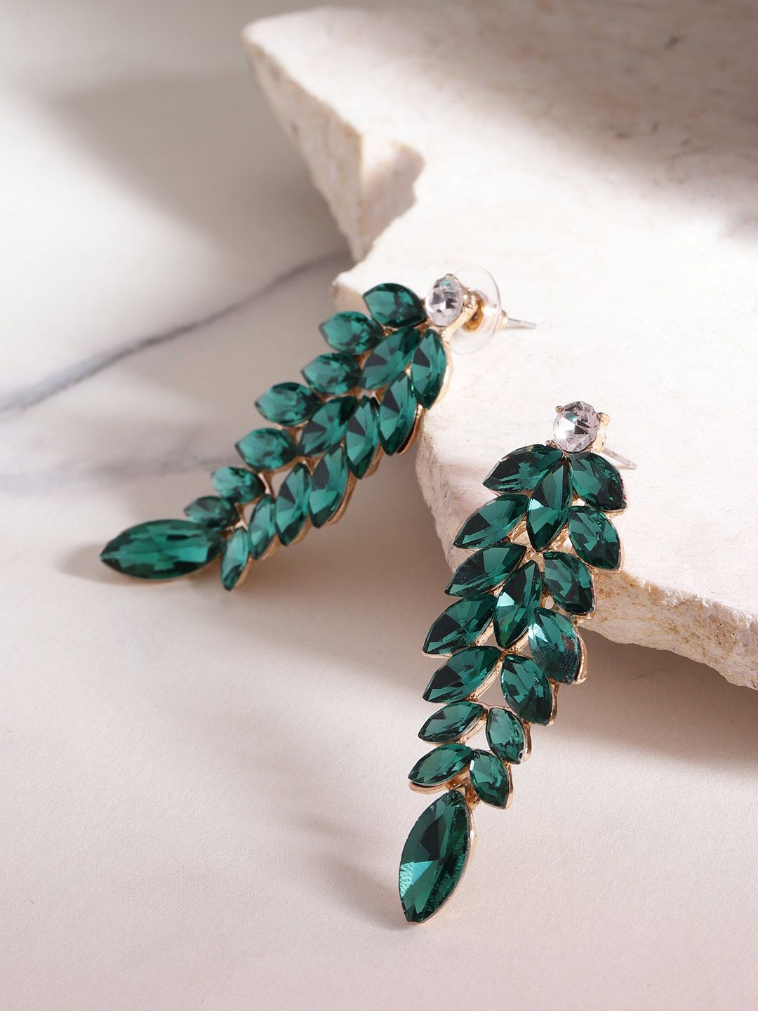 YouBella Green Gold-Plated Stone-Studded Leaf Shaped Drop Earrings Price in India