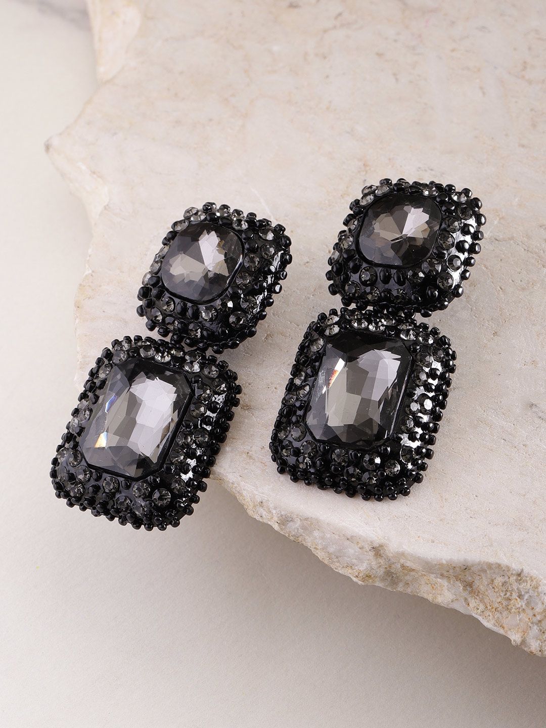 YouBella Black Stone-Studded Geometric Drop Earrings Price in India