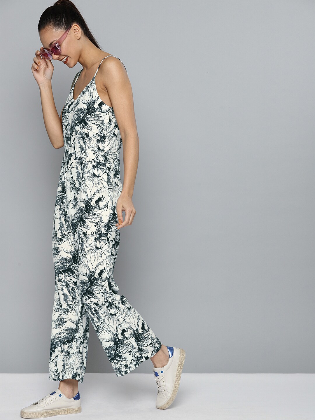 HERE&NOW Women White & Green Printed Basic Jumpsuit Price in India