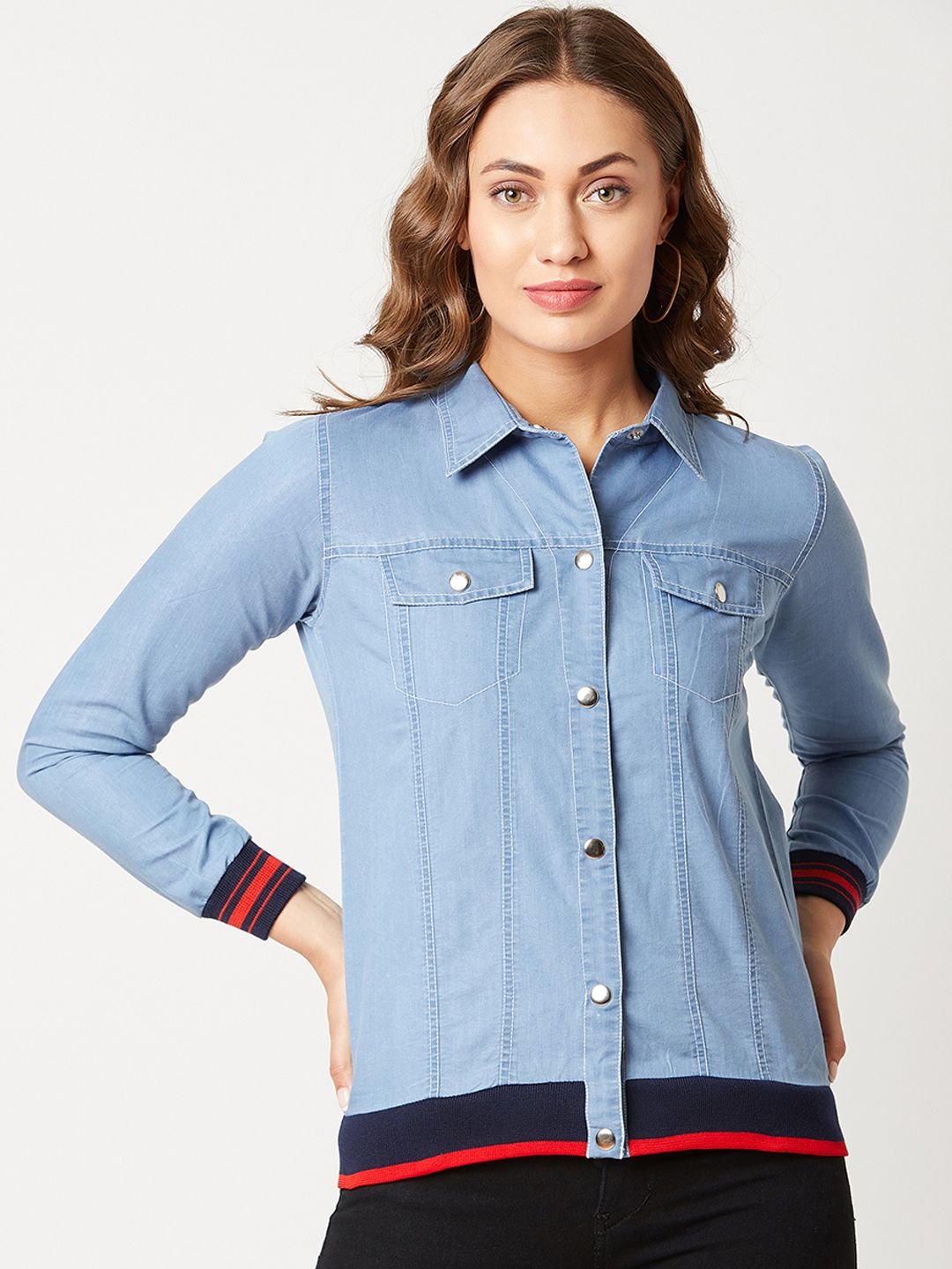 Miss Chase Women Blue Solid Denim Jacket Price in India