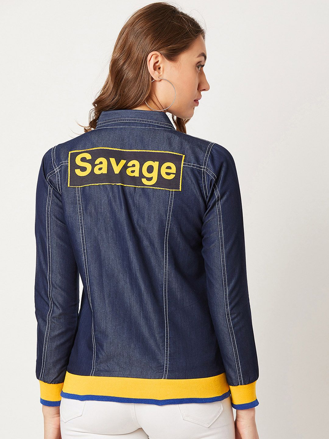 Miss Chase Women Navy Blue Solid Denim Jacket Price in India