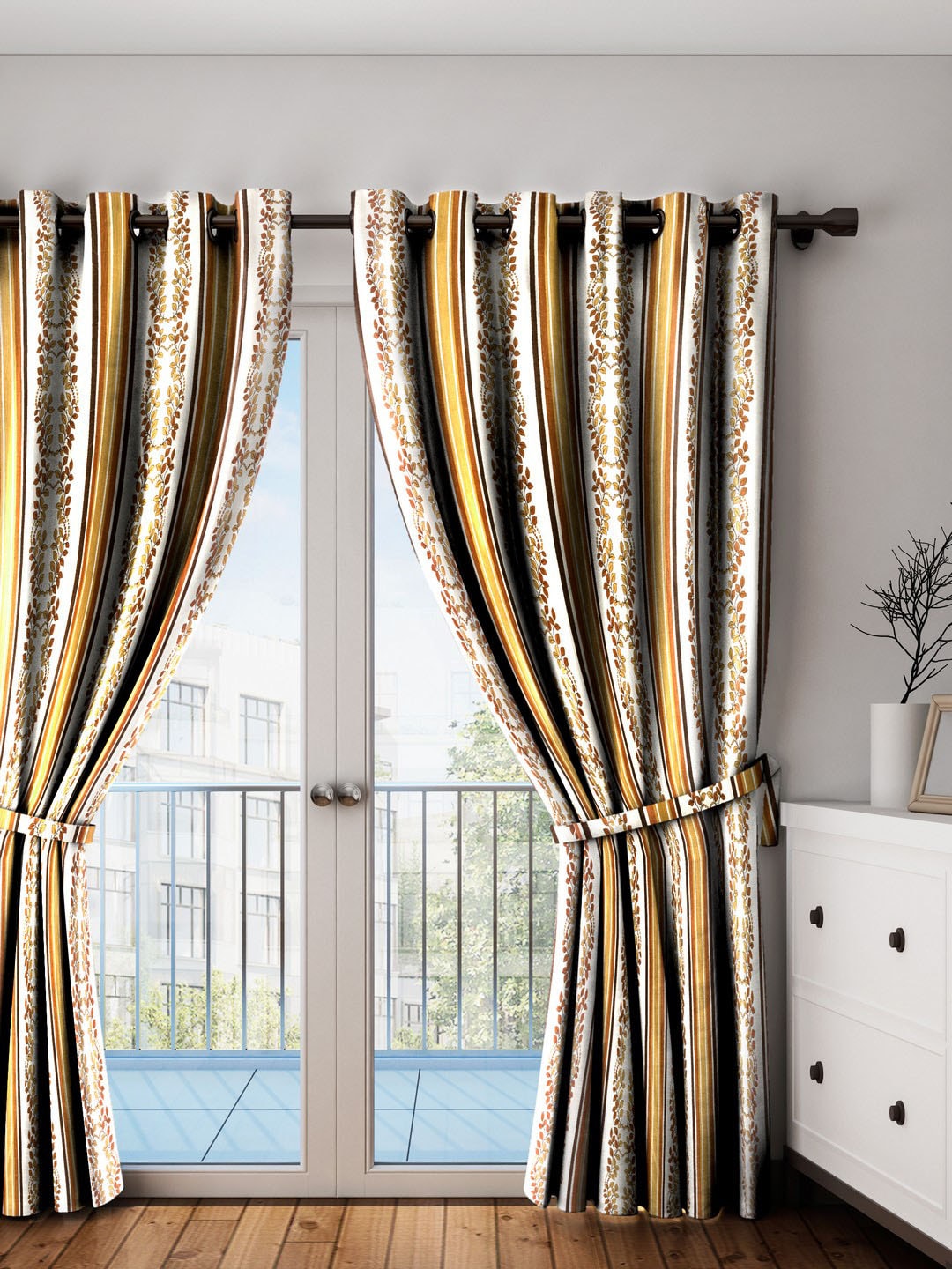 HOUZZCODE Off-White & Brown Single Room Darkening Curtain Price in India