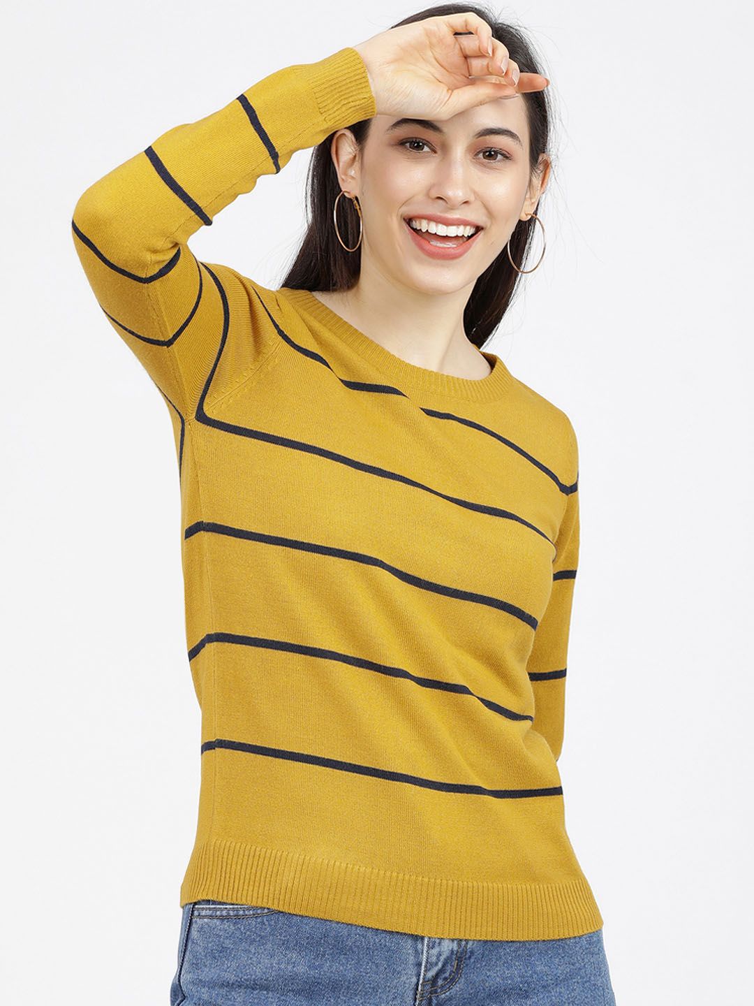 Tokyo Talkies Women Mustard & Navy Blue Striped Sweater Price in India