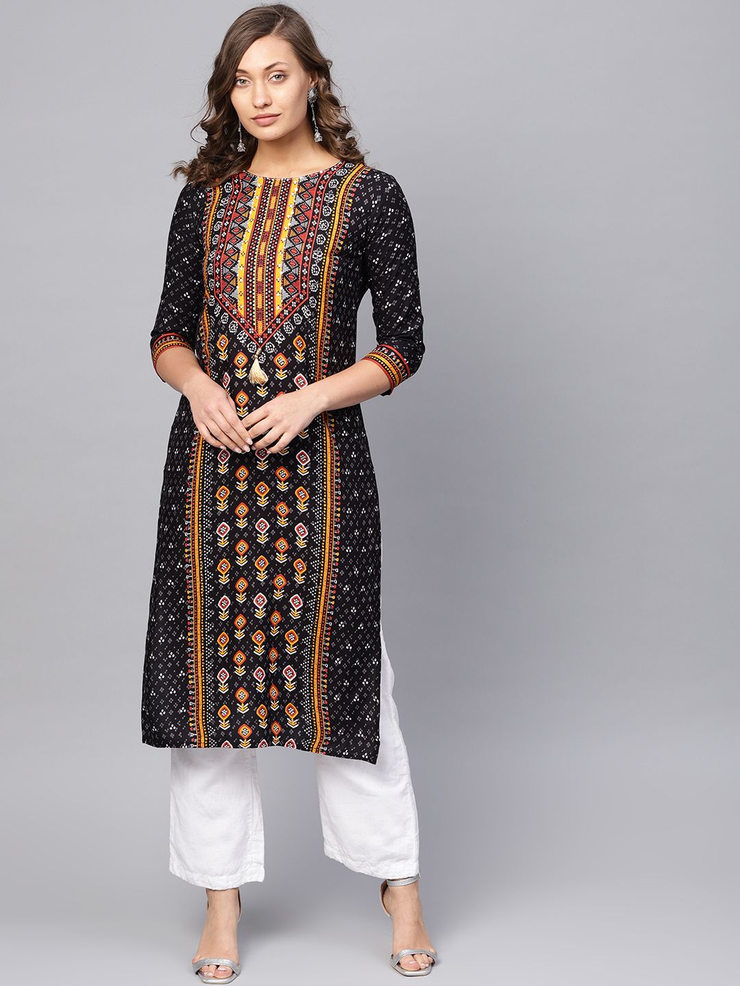 Anubhutee Women Black & Orange Printed Straight Kurta