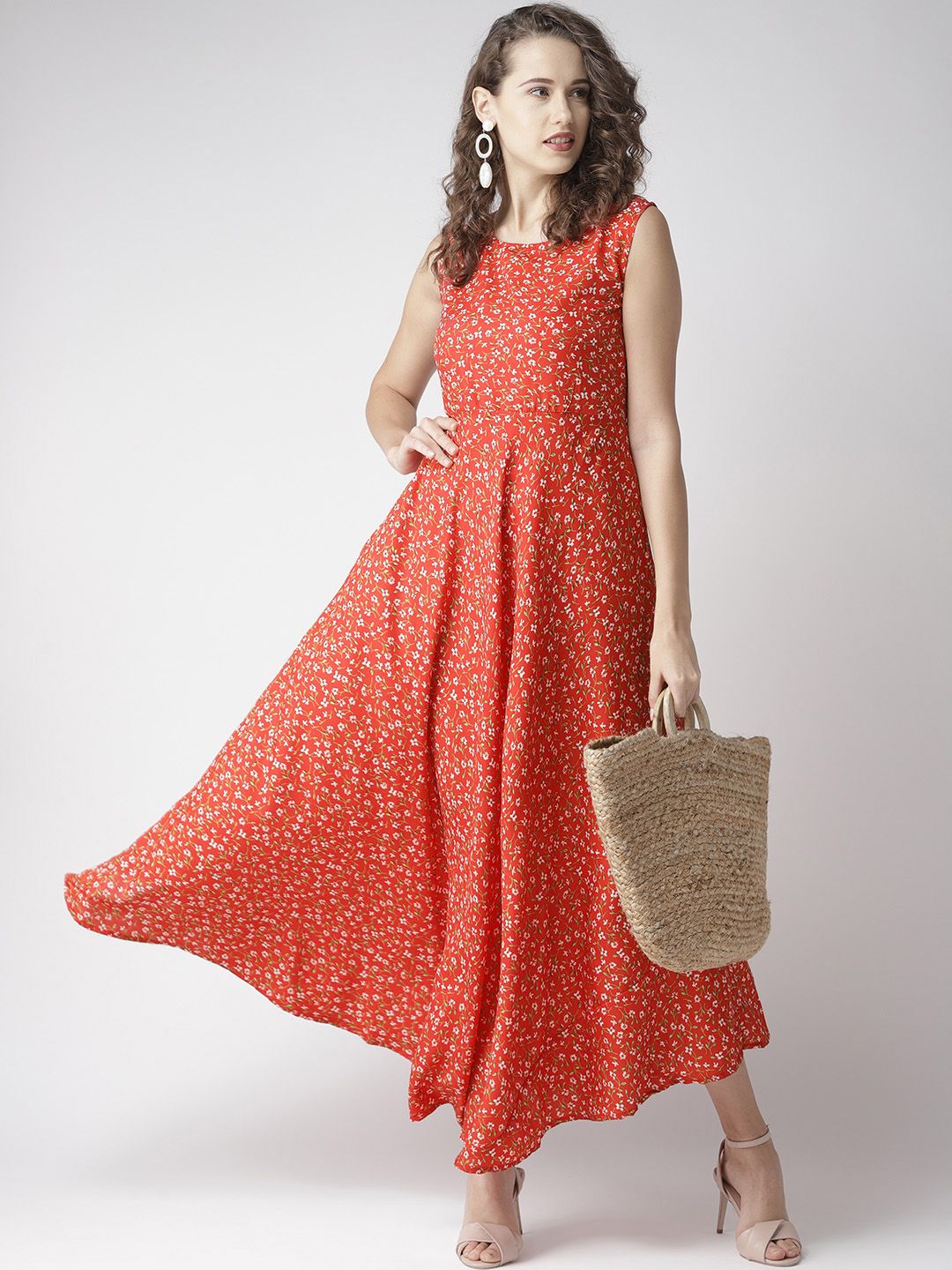 U&F Women Red & White Floral Print Maxi Dress Price in India