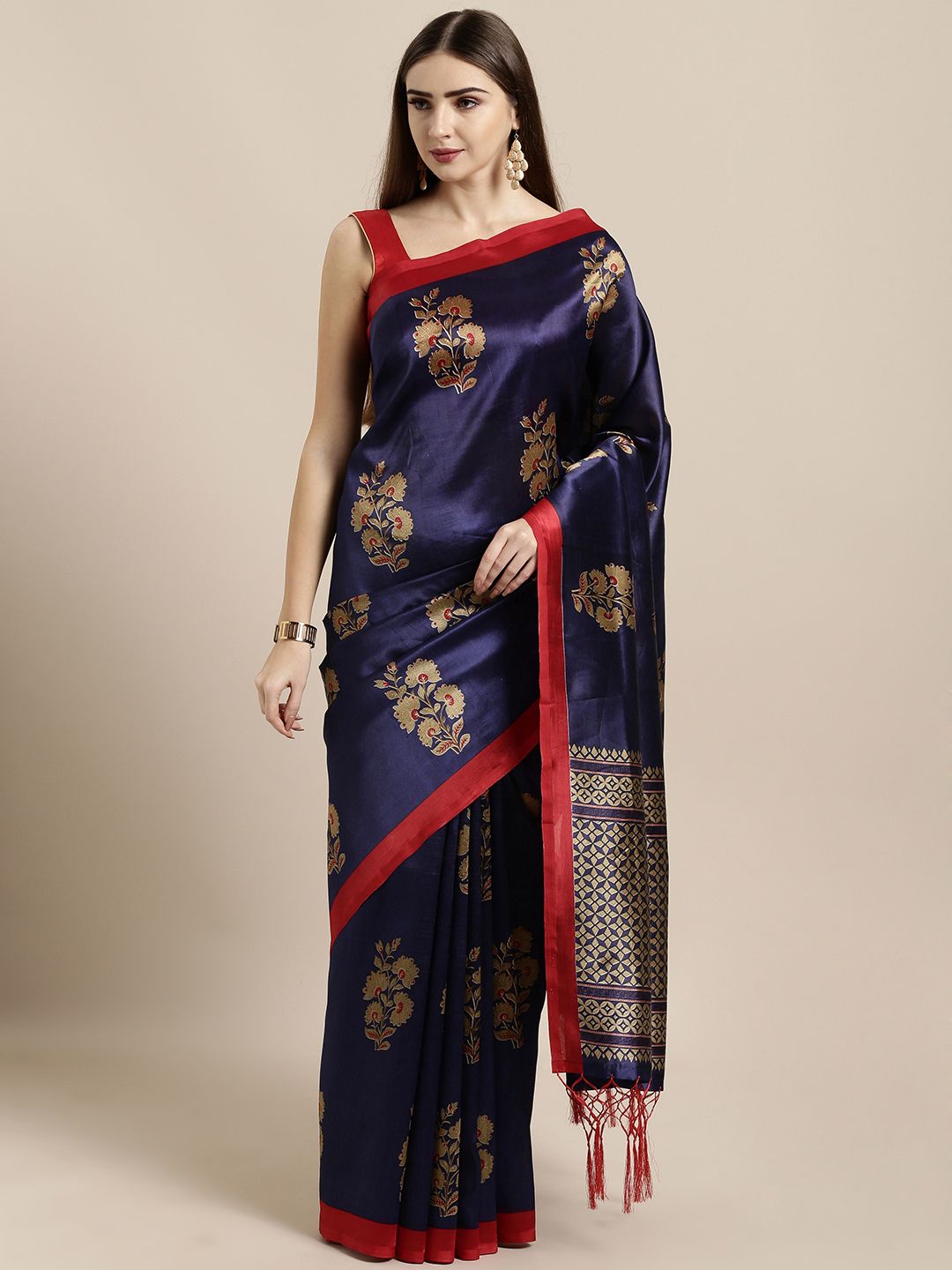 GoSriKi Navy Blue Art Silk Woven Design Mysore Silk Saree