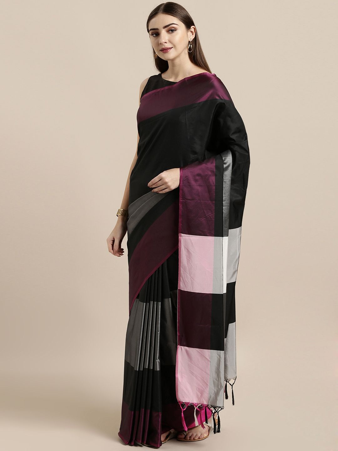 GoSriKi Black & Grey Art Silk Colourblocked Mysore Silk Saree