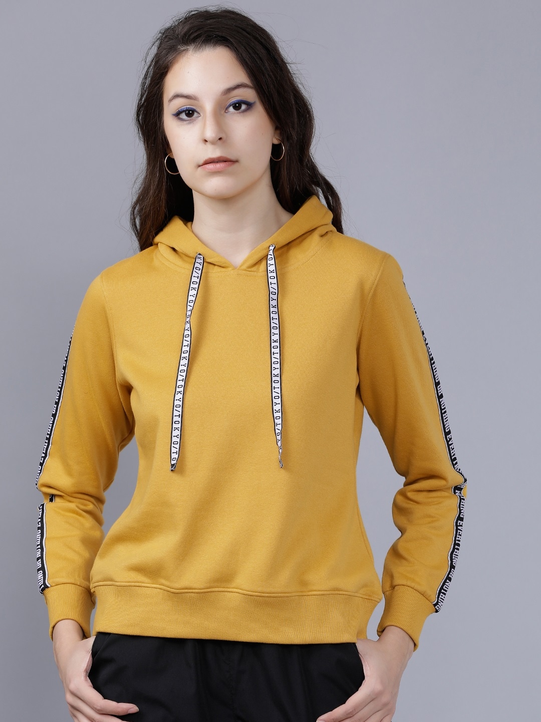 Tokyo Talkies Women Mustard & Black Solid Hooded Sweatshirt Price in India