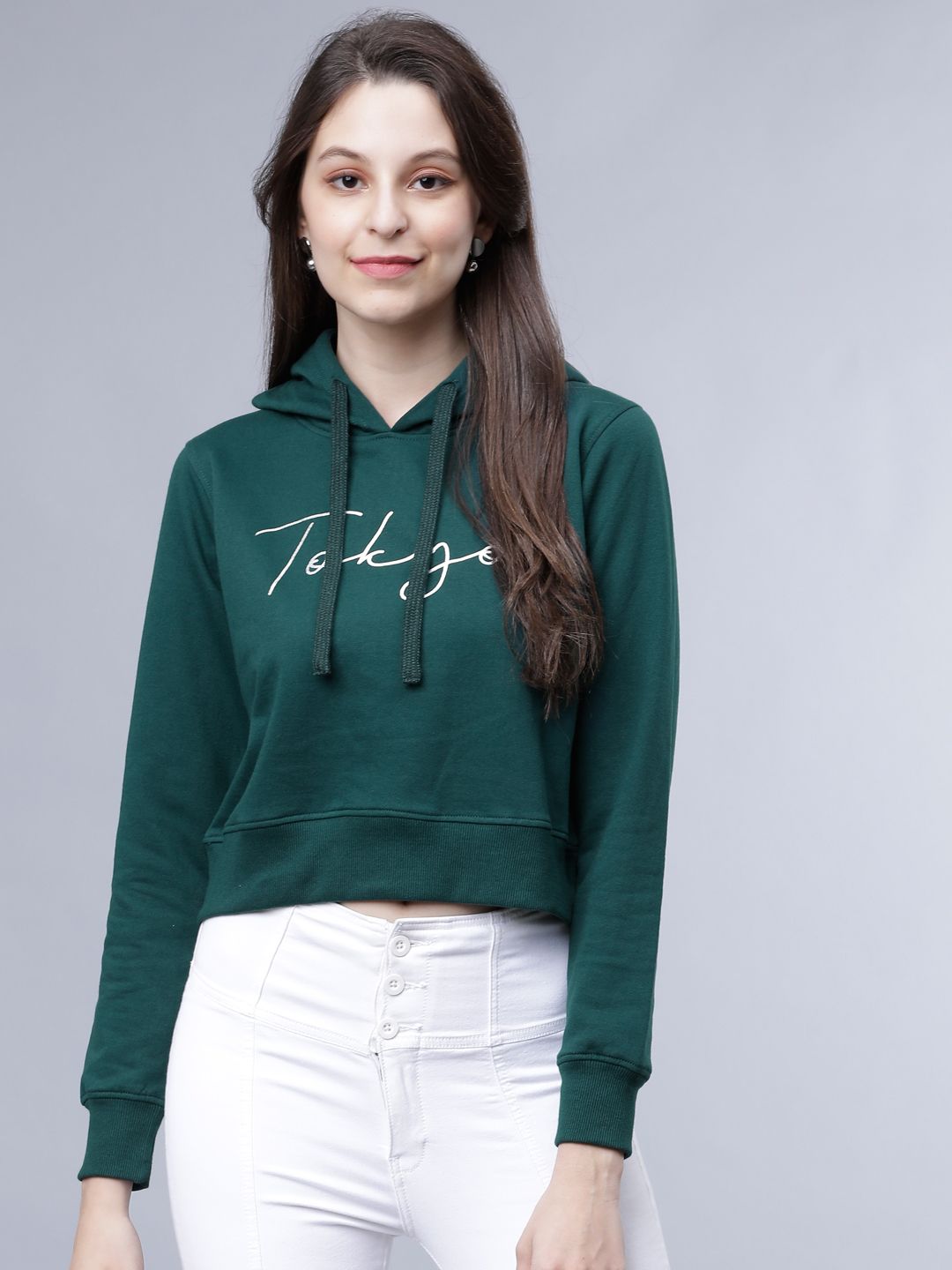 Tokyo Talkies Women Green Printed Hooded Sweatshirt Price in India