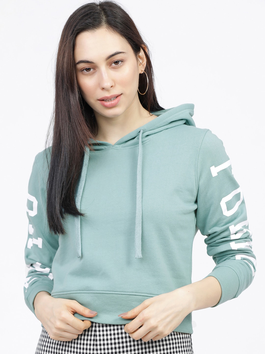 Tokyo Talkies Women Green Solid Hooded Sweatshirt Price in India