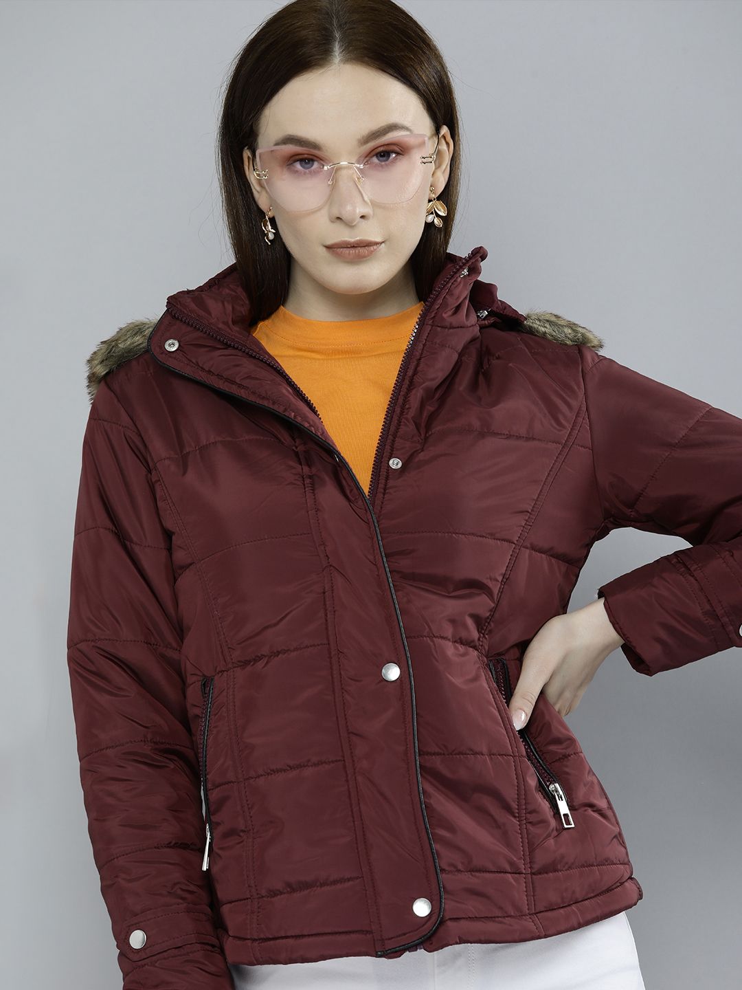 Tokyo Talkies Women Burgundy Detachable Hood Parka Jacket with Faux Fur Trim Price in India
