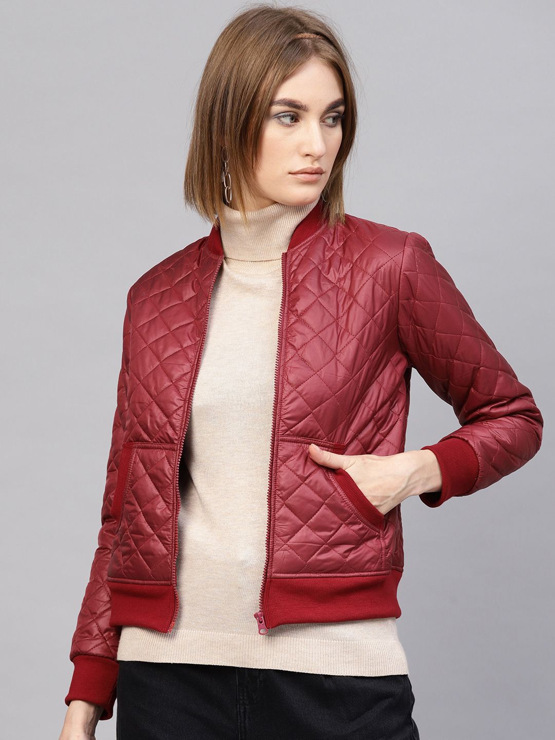 SASSAFRAS Women Maroon Solid Quilted Jacket Price in India