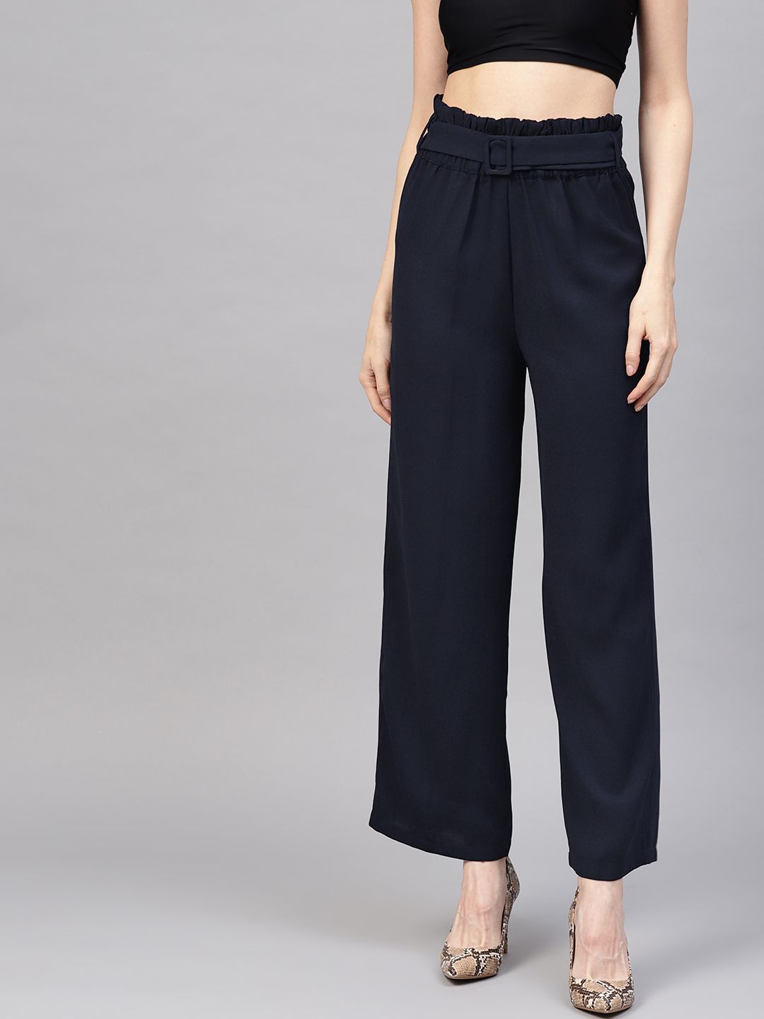 SASSAFRAS Women Navy Blue Regular Fit Solid Parallel Trousers Price in India