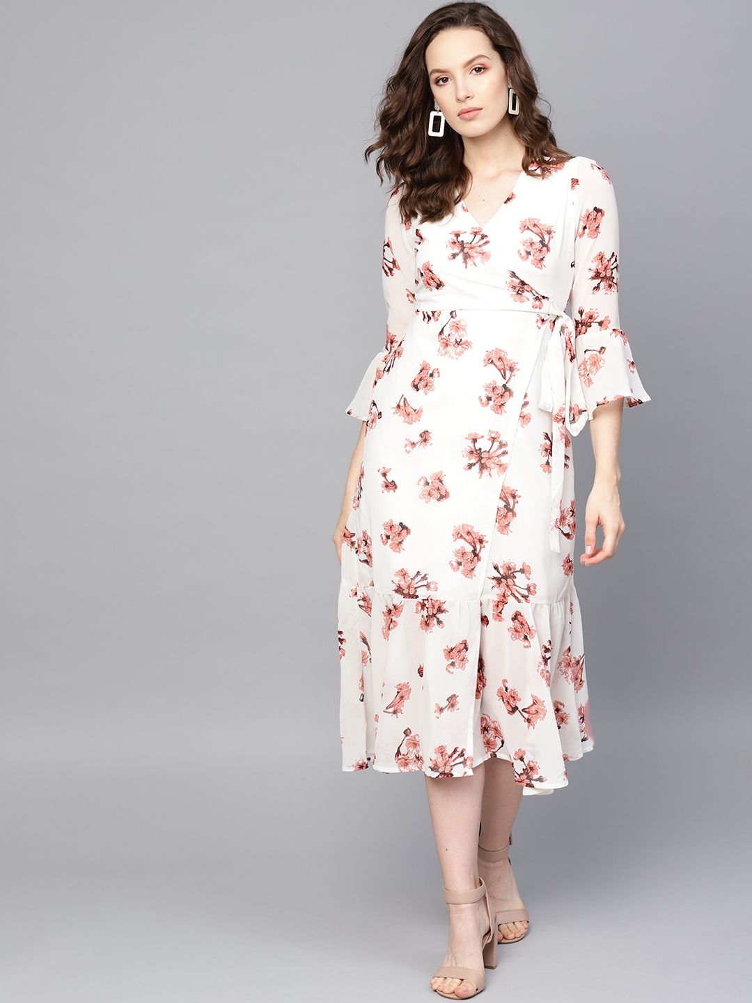 SASSAFRAS White & Pink Floral Print Wrap Dress Price in India