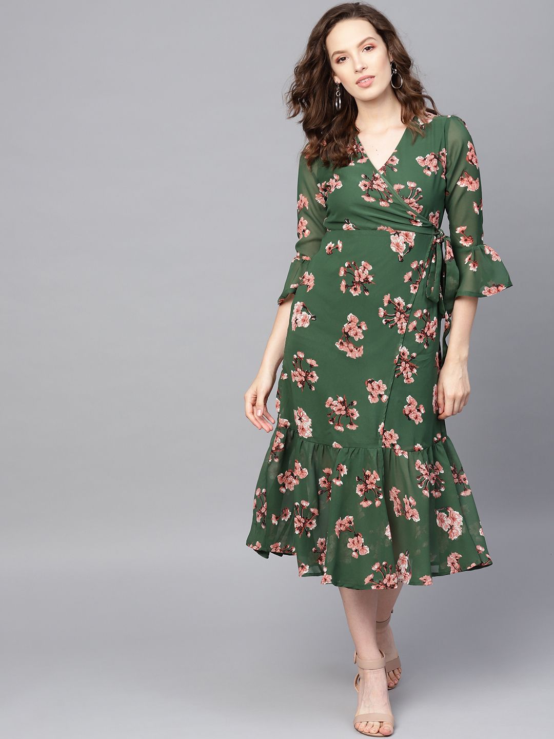 SASSAFRAS Women Green & Pink Printed Wrap Dress