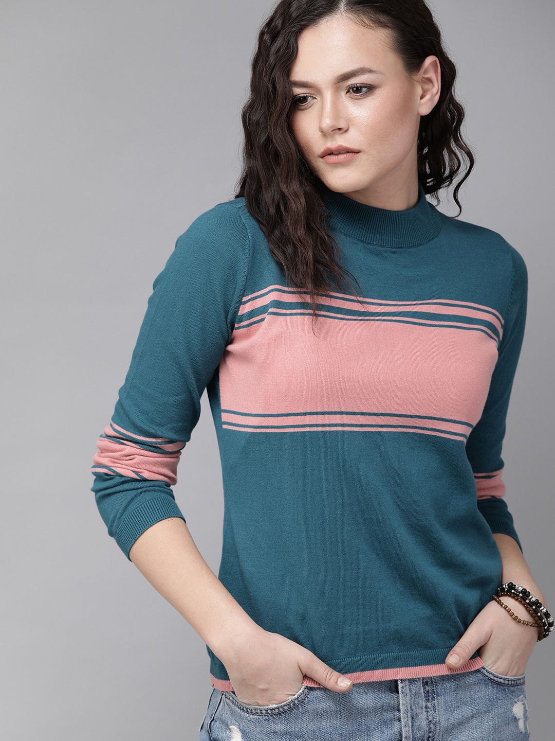 The Roadster Lifestyle Co Women Teal Blue & Pink Colourblocked Top Price in India