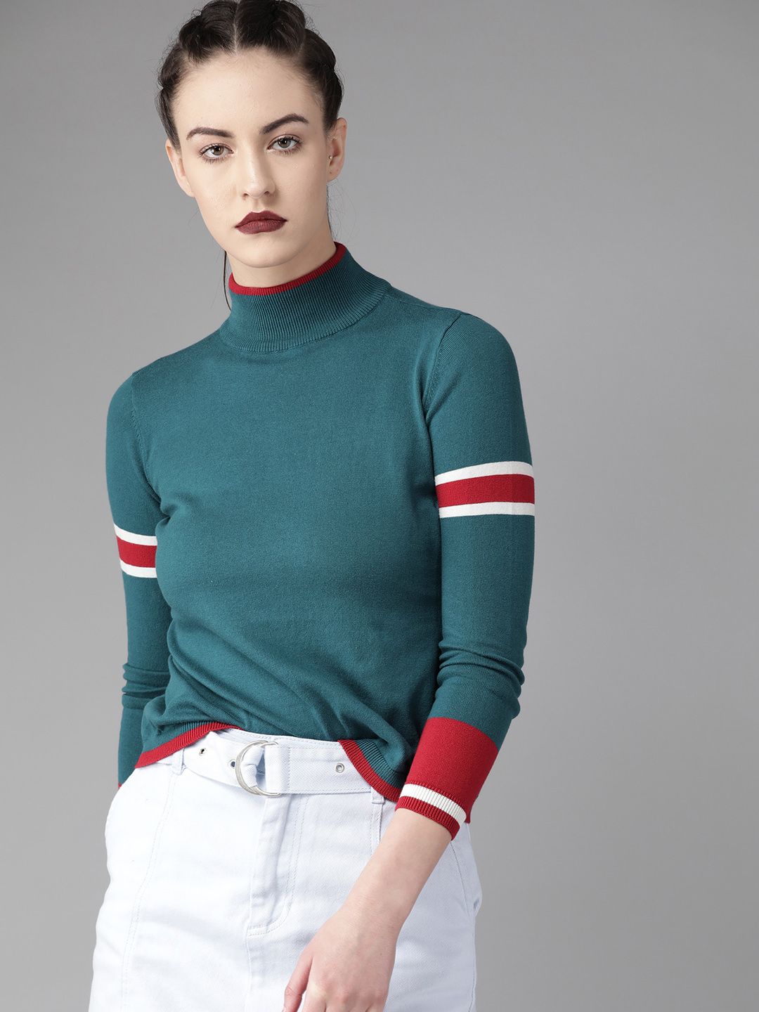 The Roadster Lifestyle Co Women Teal Blue Solid Sweater Price in India