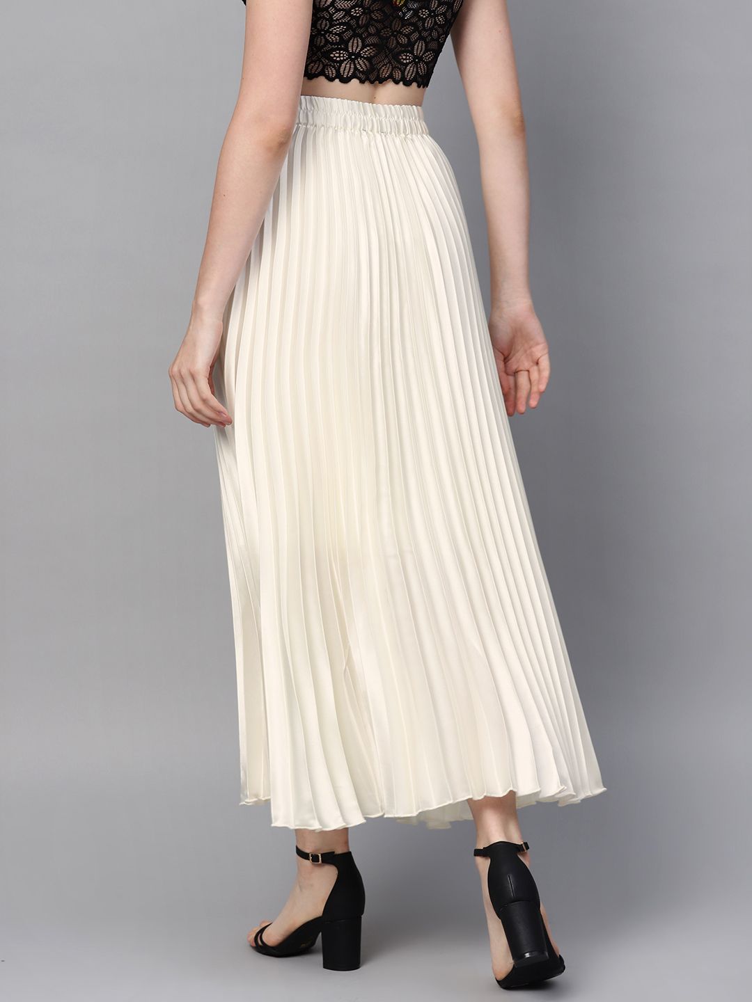 Buy SASSAFRAS Off-White Accordian Pleats Satin Finish Flared Maxi