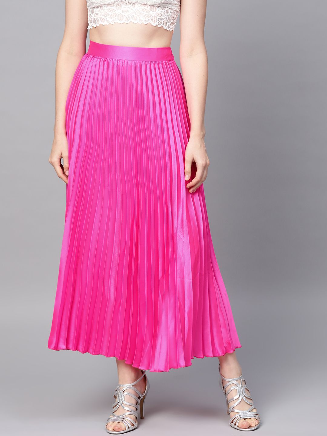 SASSAFRAS Women Pink Accordian Pleated Maxi Satin Finish Flared Maxi Skirt