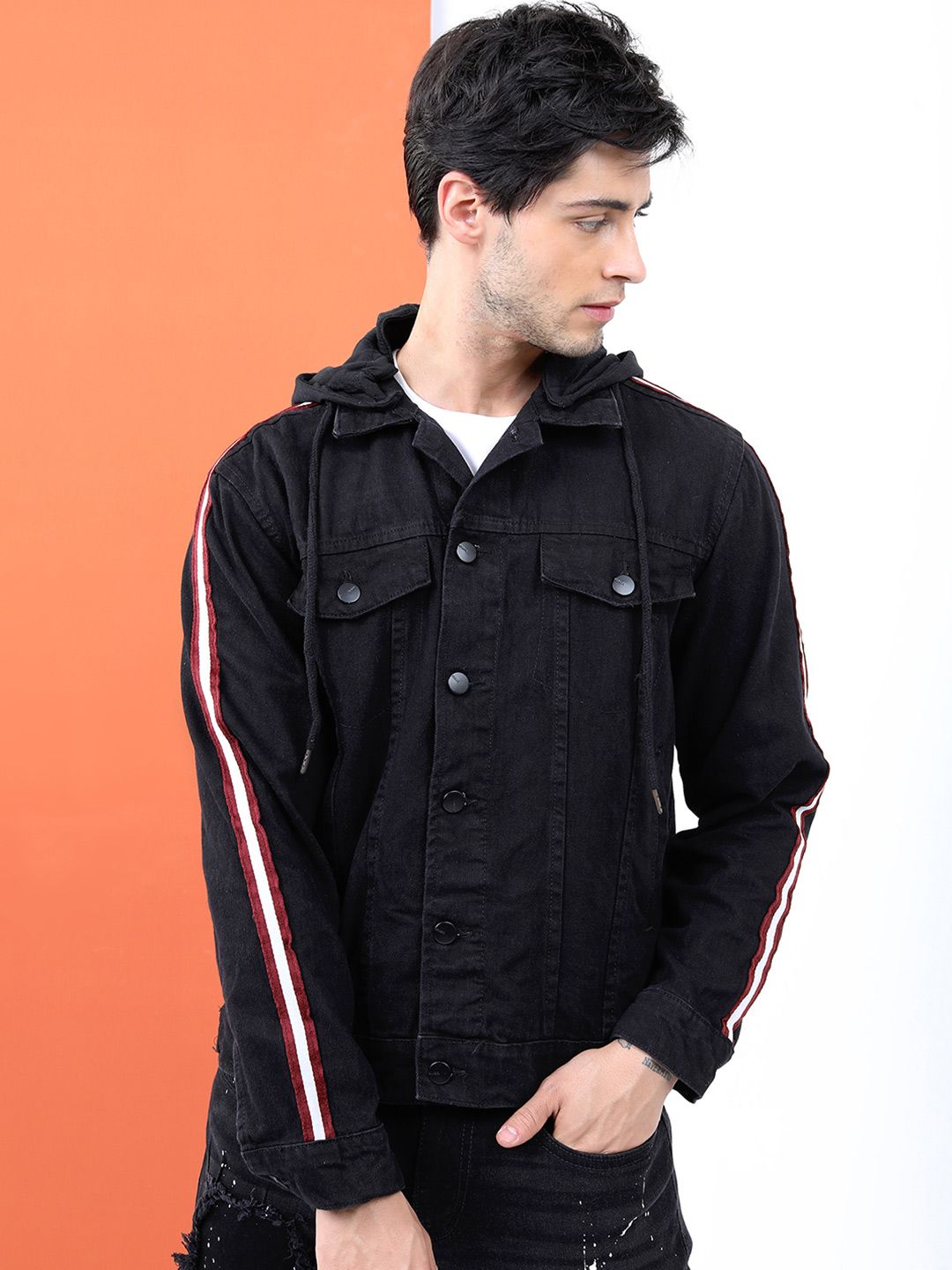 HIGHLANDER Men Black Striped Denim Jacket