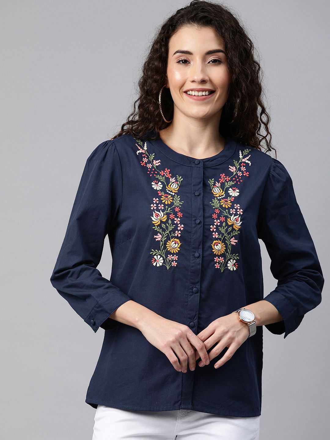 Chemistry Women Navy Blue Regular Fit Floral Embroidered Casual Shirt