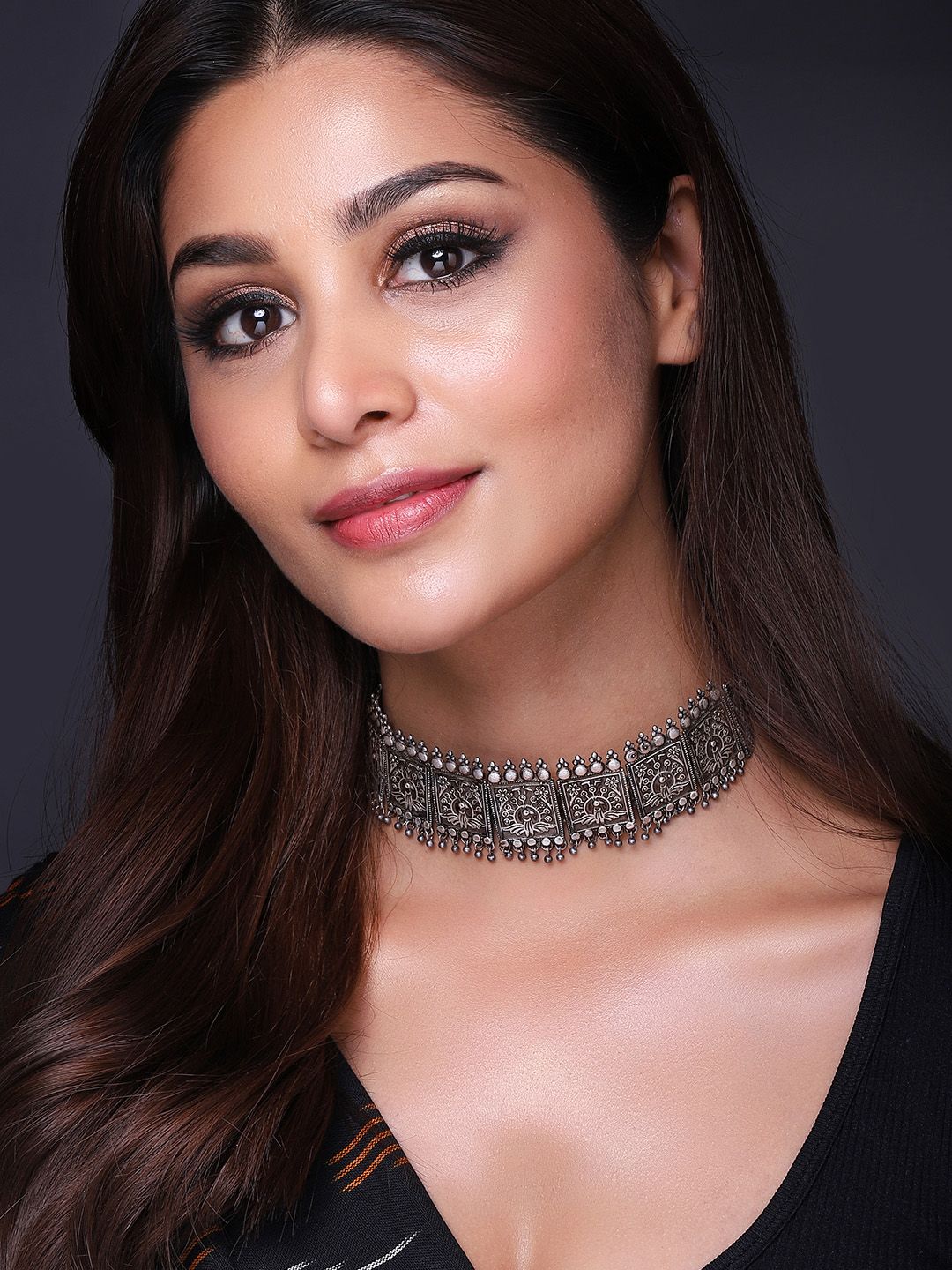 Rubans Silver-Toned & Black Oxidised Chocker Necklace Price in India
