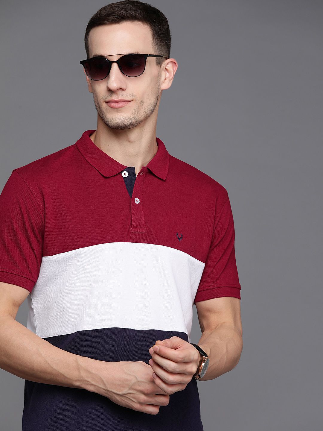 Allen Solly Men Maroon & White Colourblocked Polo Collar T-shirt