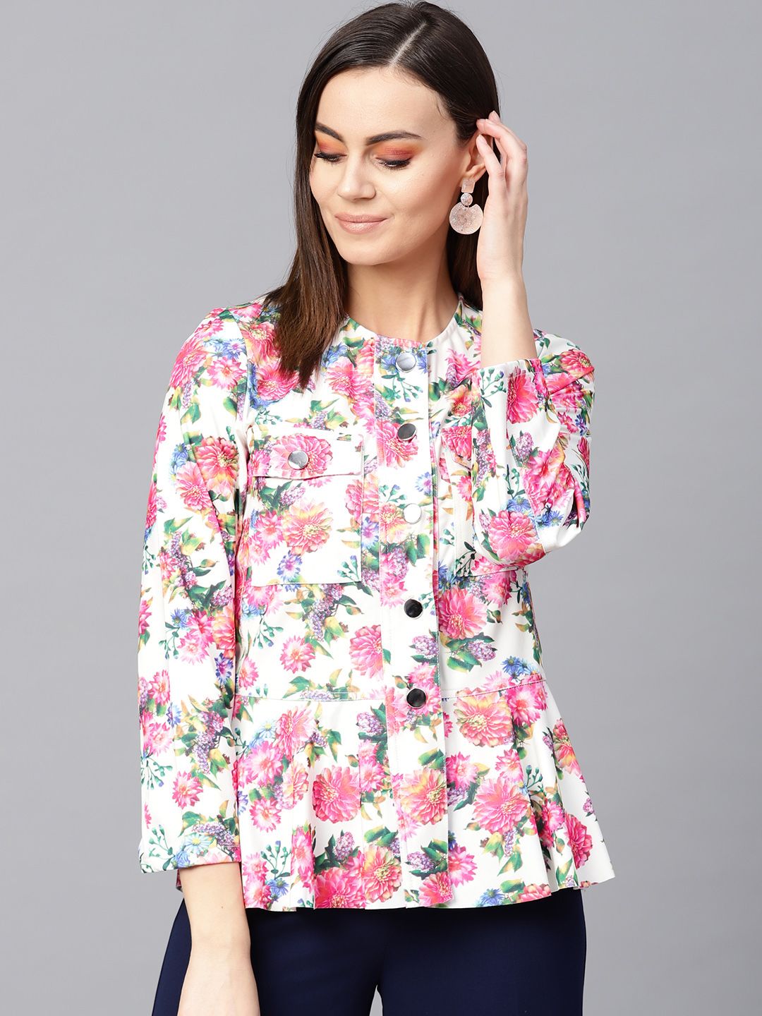 Zima Leto Women Off-White & Pink Printed Tailored Jacket Price in India