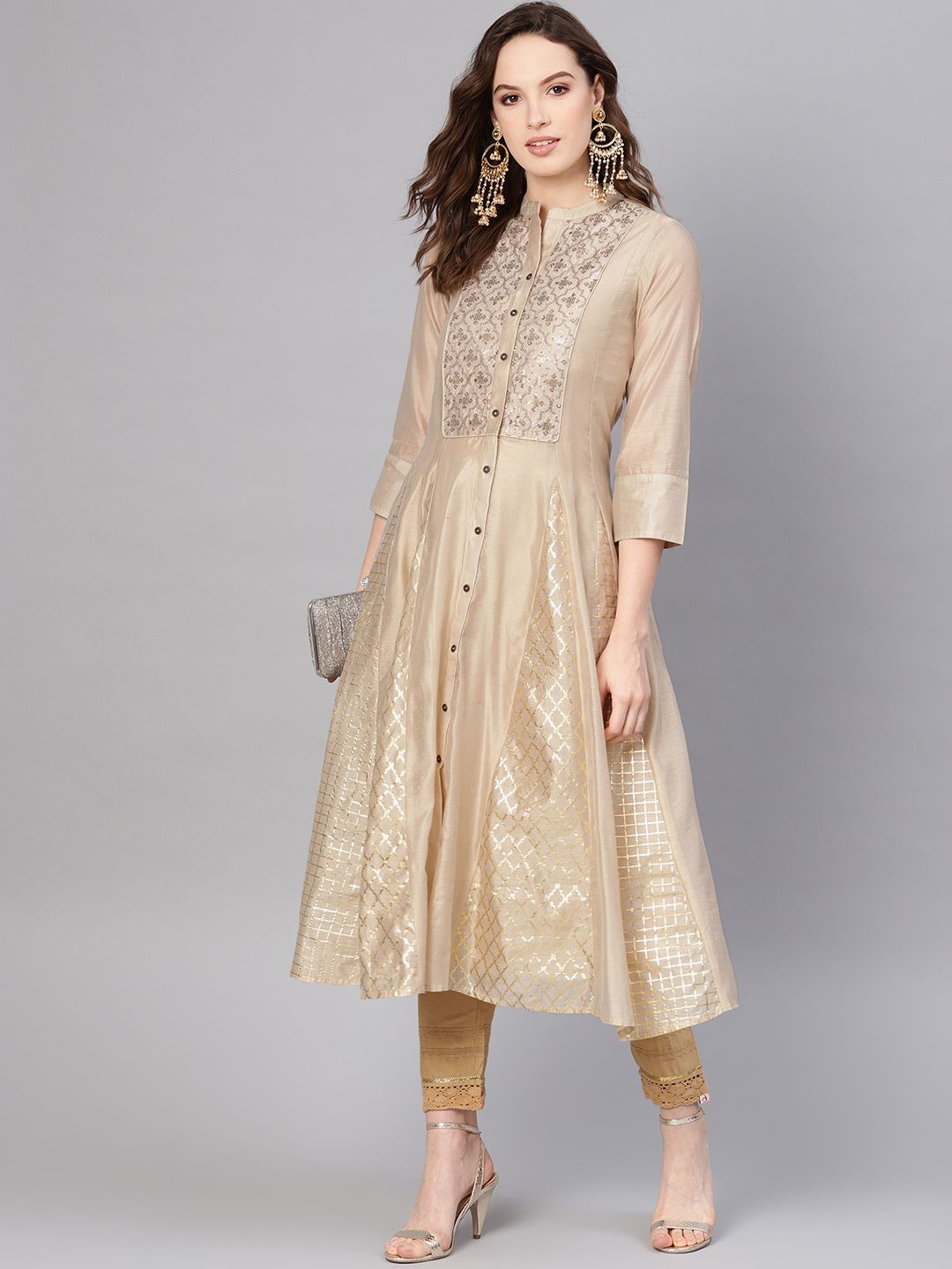 Juniper Women Beige & Golden Foil Print Layered Anarkali Kurta Price in India