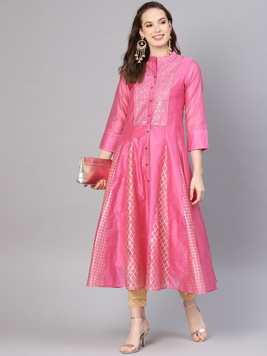 Juniper Women Pink & Golden Foil Printed Layered Anarkali Kurta Price in India