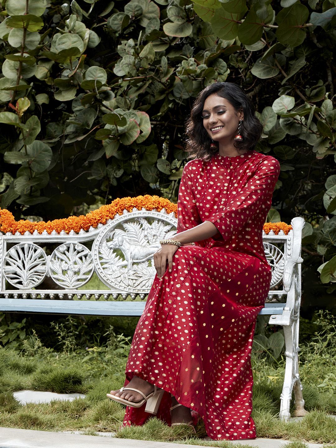 Juniper Women Maroon & Golden Foil Print Layered Anarkali Kurta Price in India