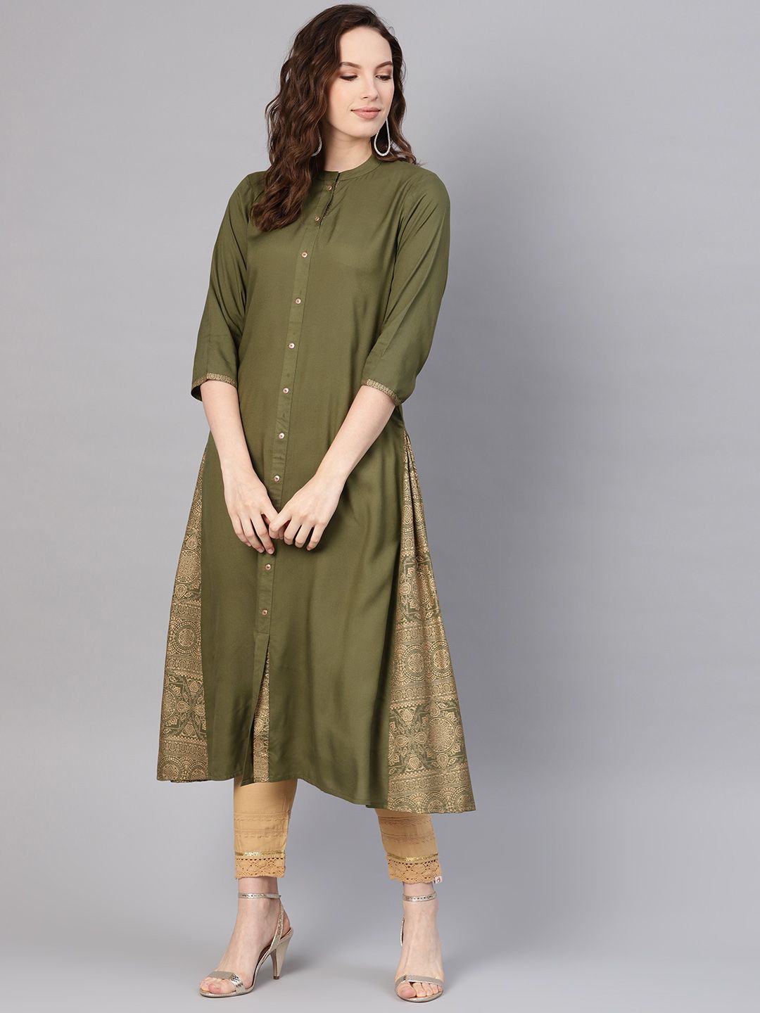 Juniper Women Olive Green Solid A-Line Kurta Price in India