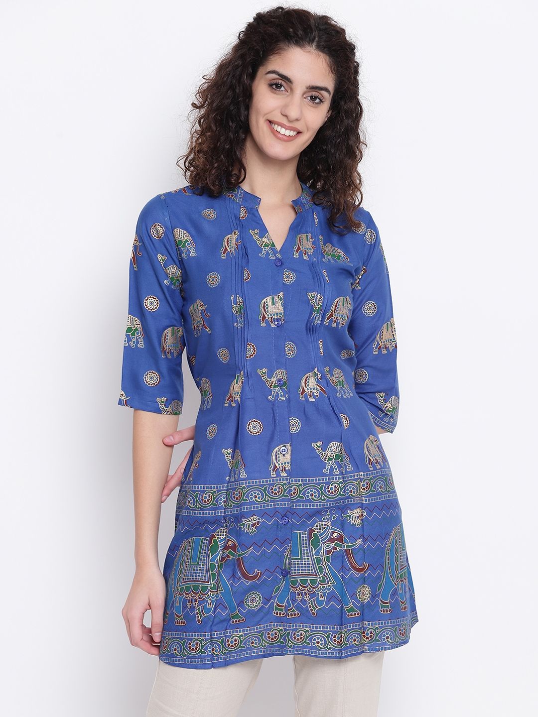 One Femme Women Blue & Golden Printed Tunic Price in India