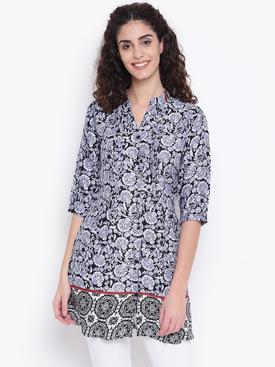 One Femme Women White & Blue Printed Tunic Price in India