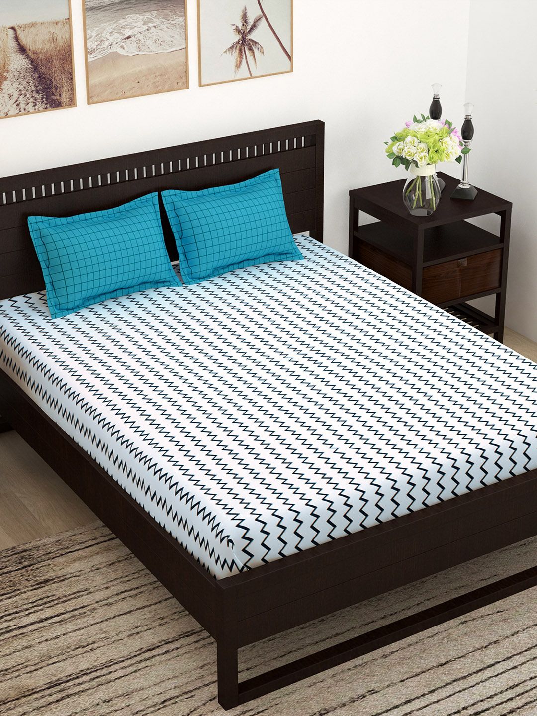 Story@home Unisex White & Blue 144 TC Cotton 1 King Bedsheet with 2 Pillow Covers Price in India