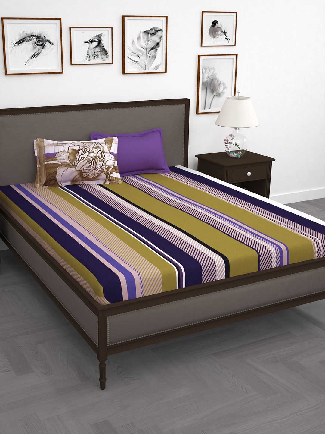 Story@home Purple & Olive Green 186 TC Cotton 1 Double Bedsheet with 2 Pillow Covers Price in India