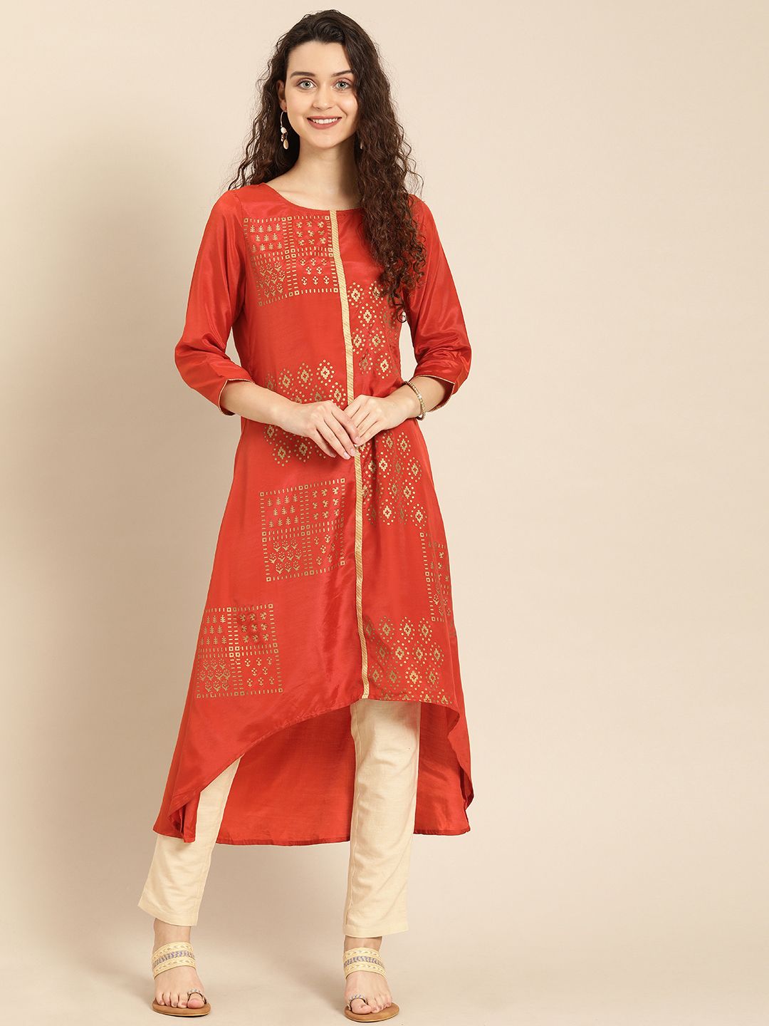 IMARA Women Rust Orange & Golden Printed A-Line Kurta