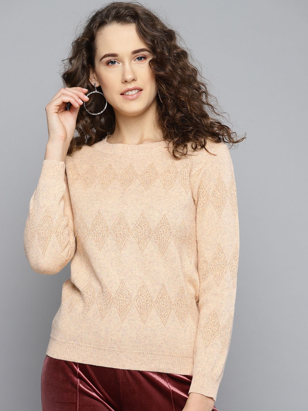 Marie Claire Women Beige & Golden Self-Design Sweater Price in India