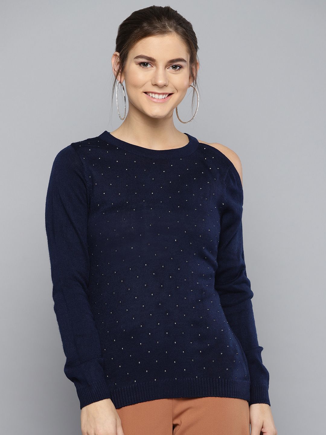Marie Claire Women Navy Blue Embellished Cold-Shoulder Sweater Price in India