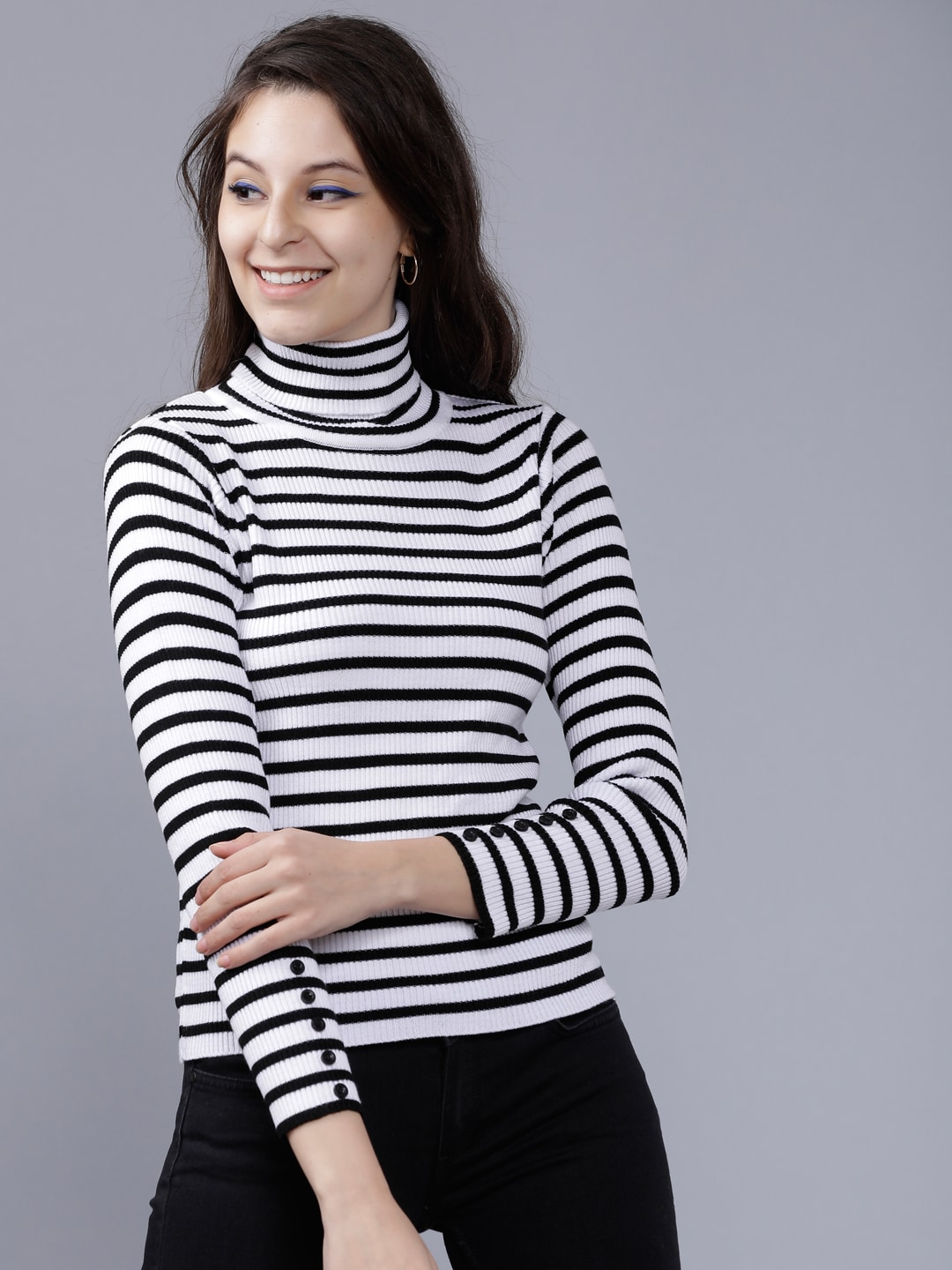 Tokyo Talkies Women White & Black Striped Sweater Price in India