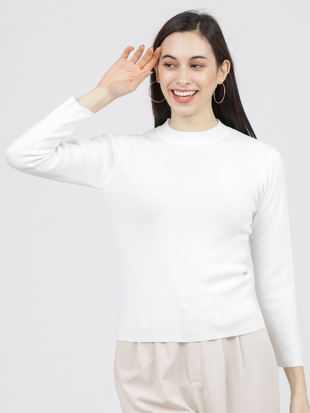 Tokyo Talkies Women Off-White Solid Sweater Price in India