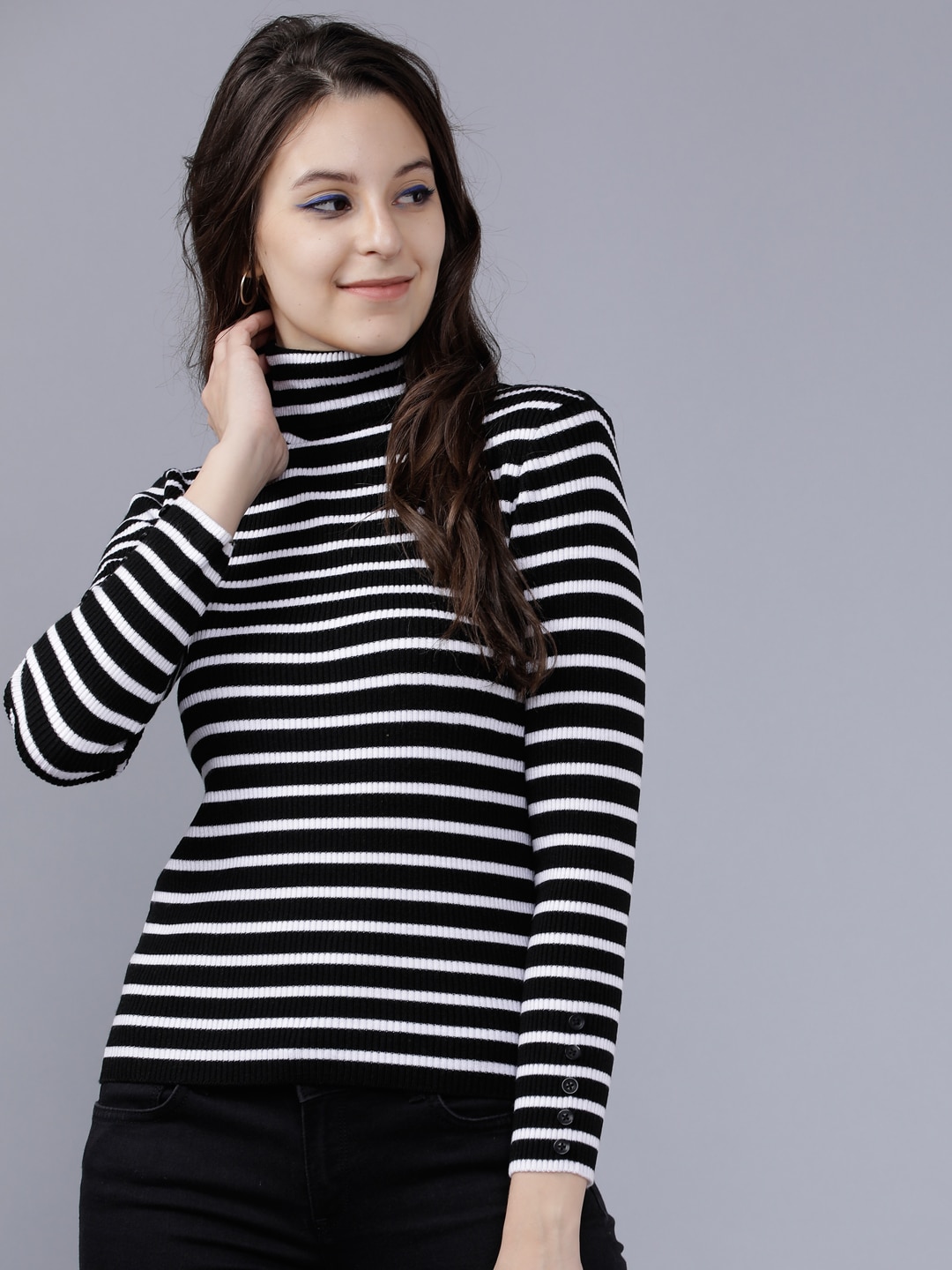 Tokyo Talkies Women Black & White Striped Sweater Price in India