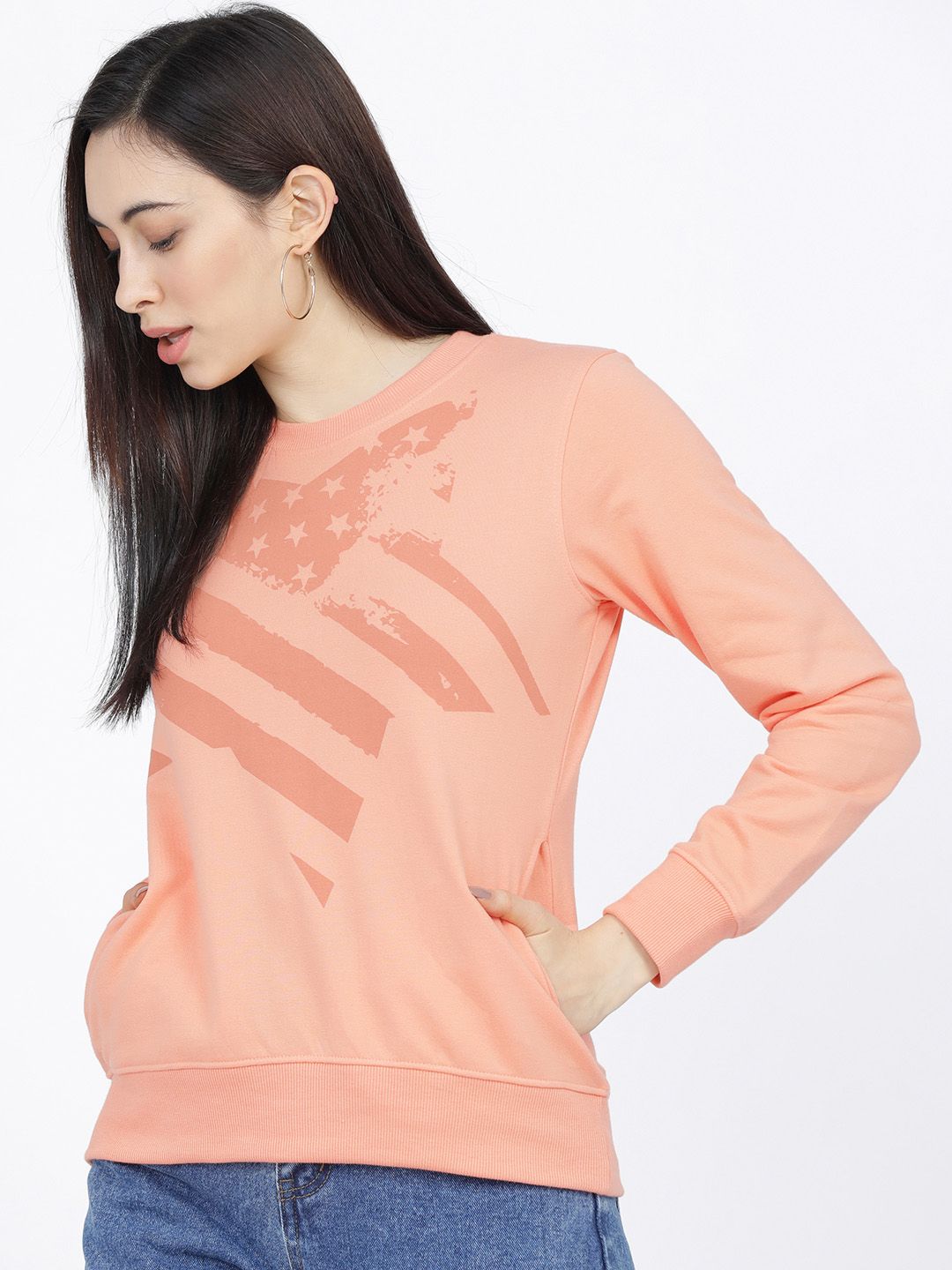 Tokyo Talkies Women Peach-Coloured Printed Sweatshirt Price in India