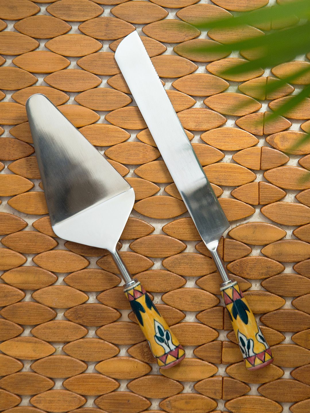 The Mughal Patti' Hand-Painted Cake Server & Bread Knife In Stainless Steel & Ceramic (Set of 2) Price in India