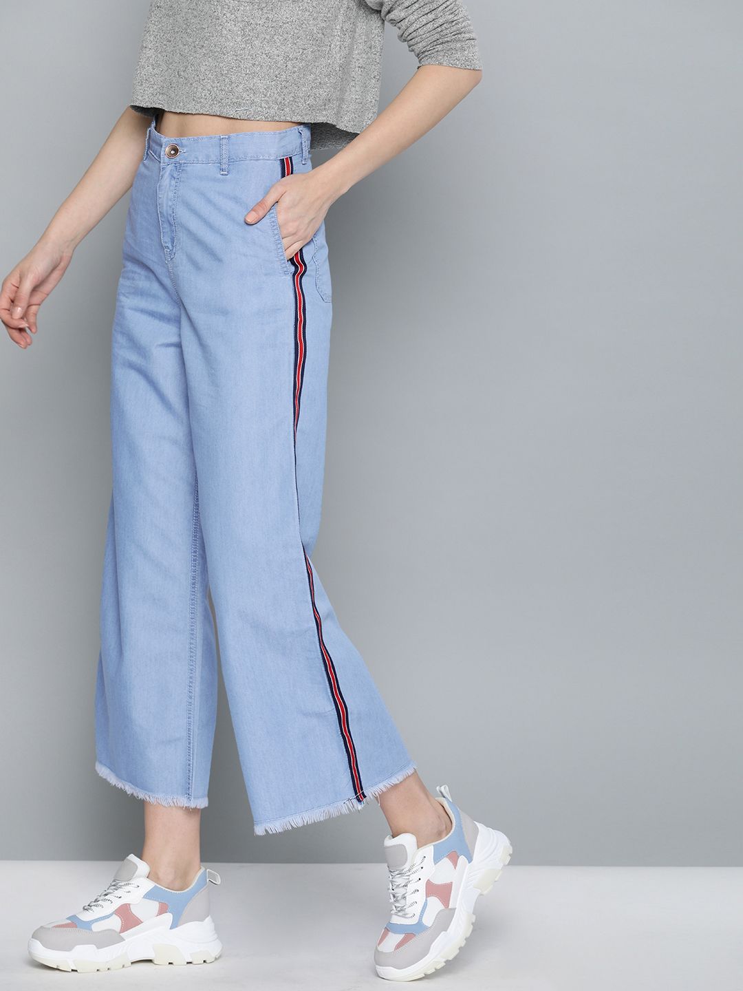 High Star Women Blue Flared Solid Cropped Regular Trousers Price in India